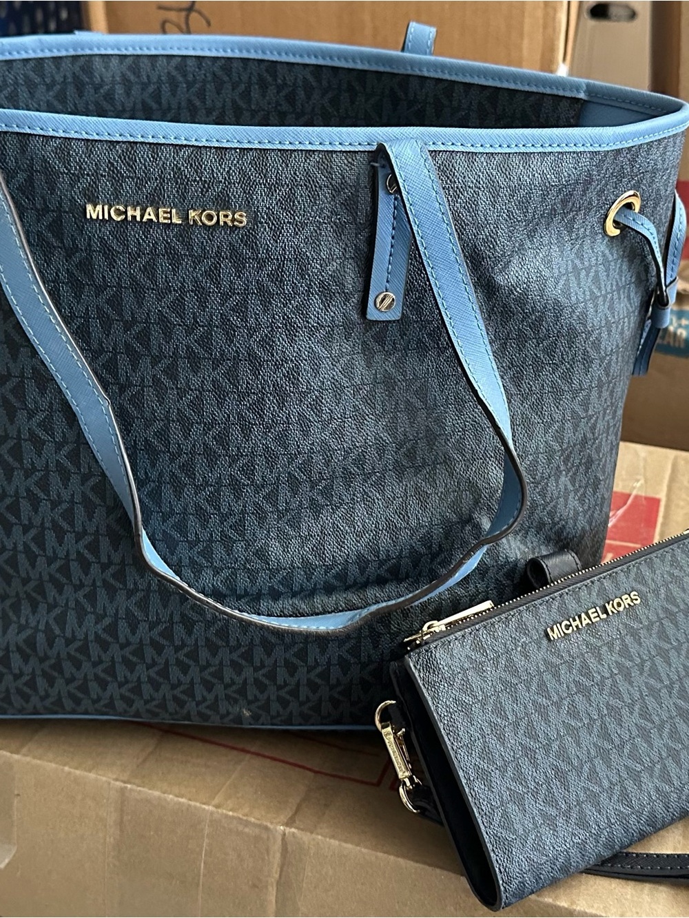Michael Kors Blue MK Signature Tote with Matching Wristlet